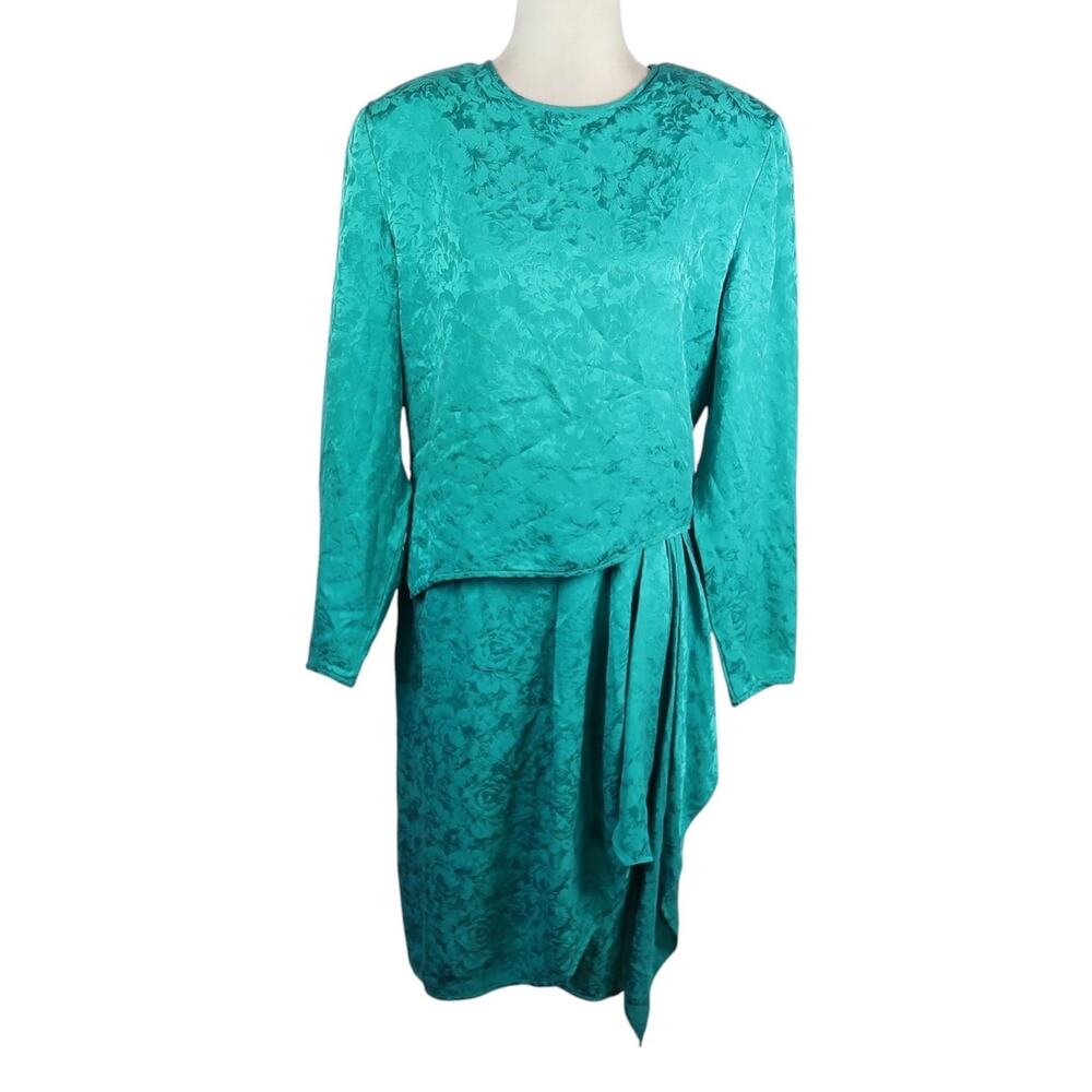 Vintage 90s Nordstrom Teal Green Floral Silk Midi Dress Long Sleeve 10